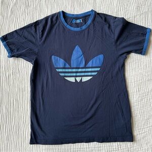 Adidas Originals T-Shirt in Navy Blue,  Trefoil Logo, Light Blue Trim, Sz. L